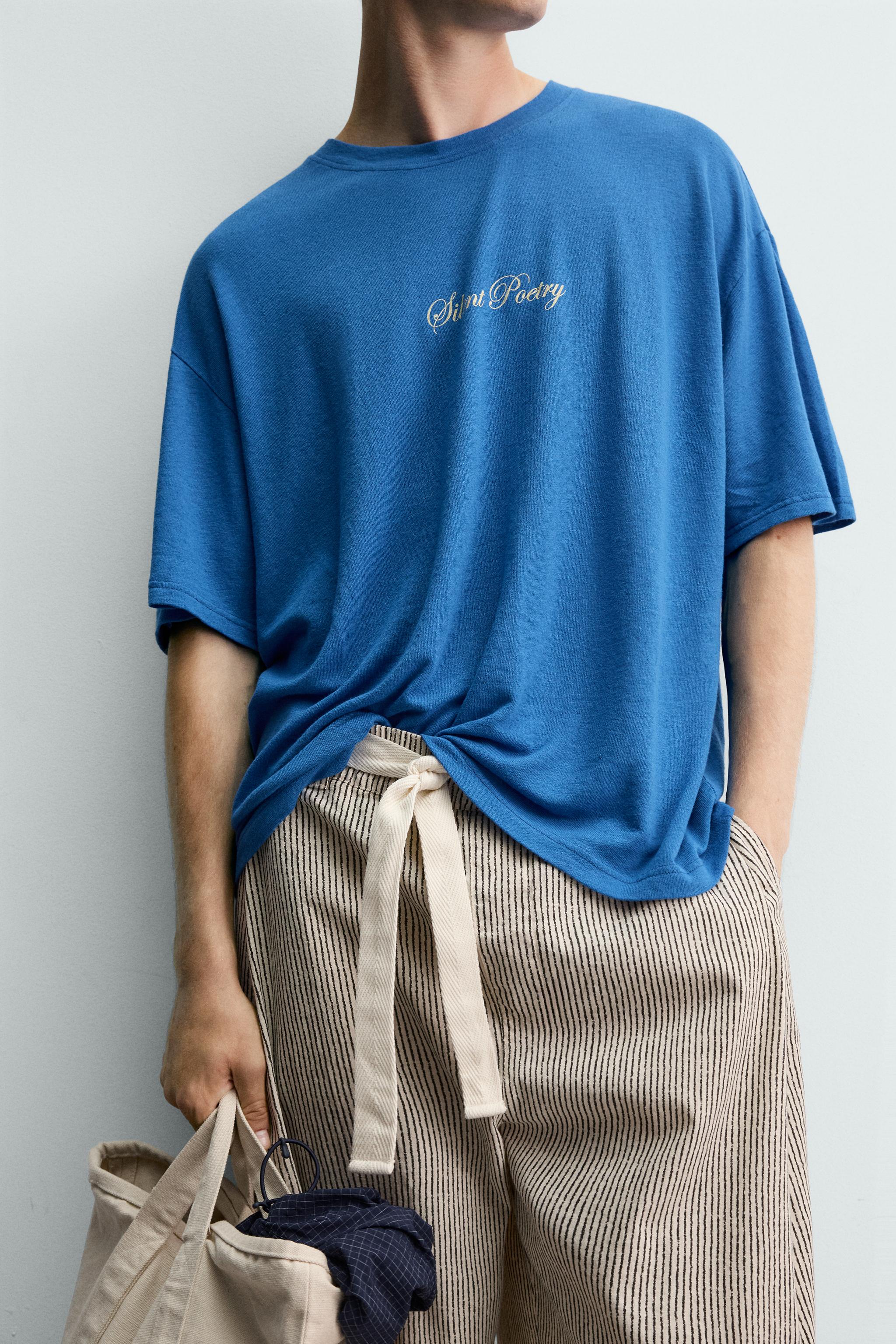 LINEN BLEND PRINTED TEXT T-SHIRT